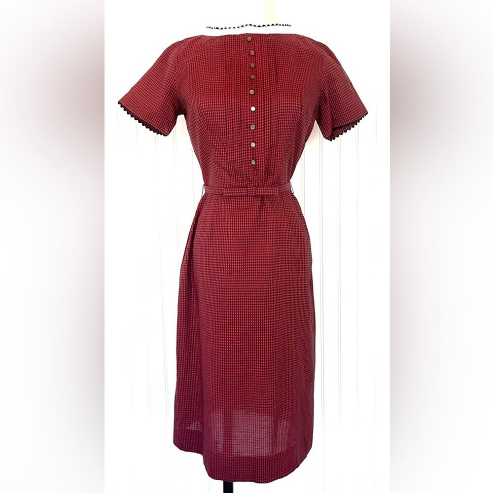 Vintage Bobbie Brooks Red and Black Checkered Dress  Bow Belt Scalloped AS IS